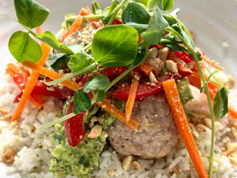 Charmaine Broughton Blog Recipe Pork Meatballs with Green Onion Peanut Sauce and Coconut Lime Basmati Rice