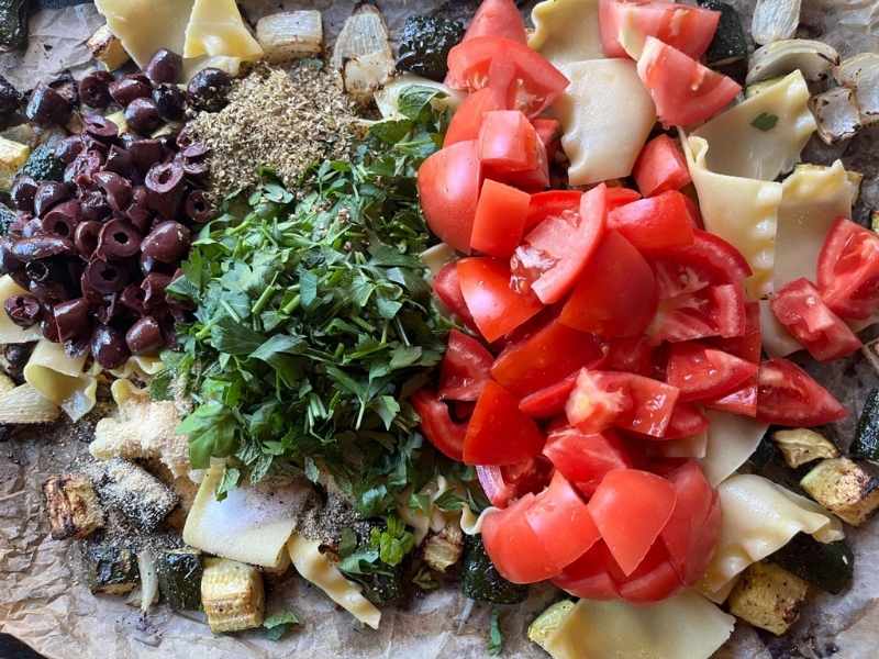 Charmaine Broughton Blog Recipes Zucchini, Tomato & Olive Sheet Pan Lasagna Noodle Bake - Tomatoes and other ingredients