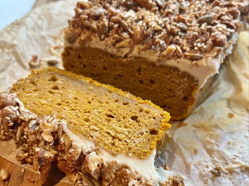 Charmaine Broughton Blog Recipe Char’s Pumpkin Loaf with Caramel Cream Cheese Frosting & Candied Crunch Topping
