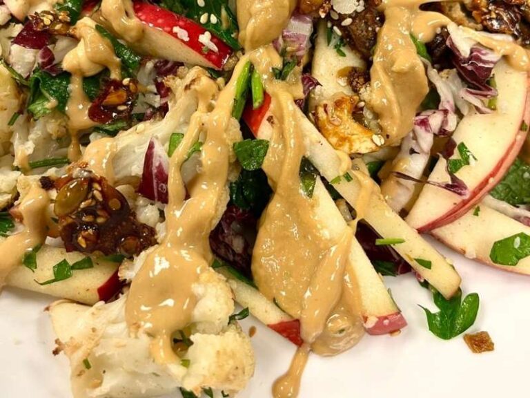 Charmaine Broughton Blog Recipes Roasted Cauliflower & Radicchio Salad with Creamy Tahini Dressing and Candied Crunch Topping