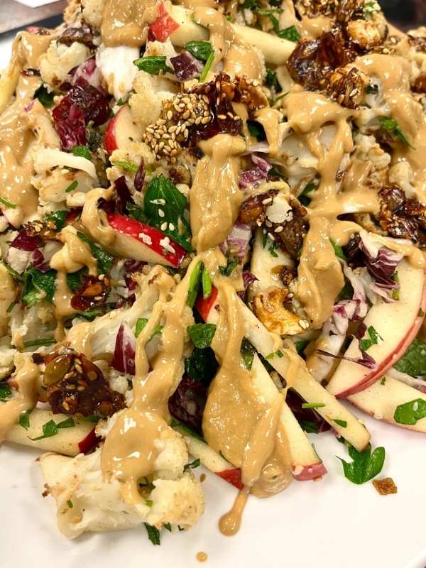 Charmaine Broughton Blog Recipes Roasted Cauliflower & Radicchio Salad with Creamy Tahini Dressing and Candied Crunch Topping