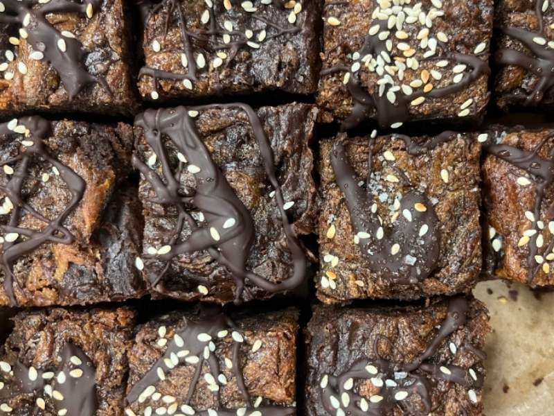 Charmaine Broughton Recipe Char’s Fudgy Chickpea Brownies with Tahini & Molasses Swirl