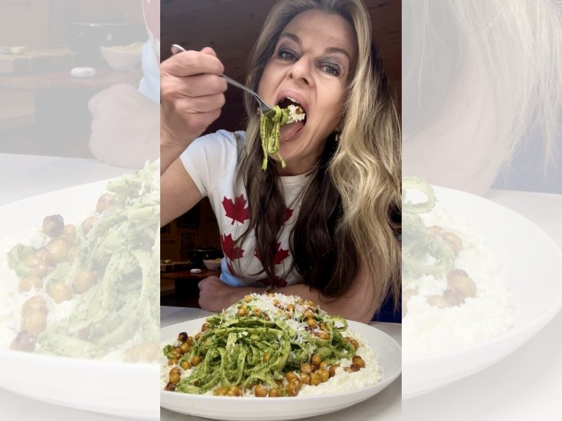 Char’s Pesto Pasta Fettchin-eh! With Whipped Feta and Roasted Chickpeas